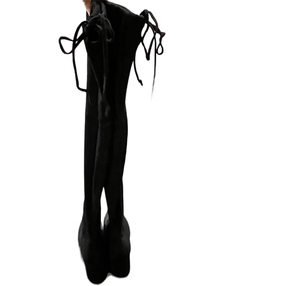 Black Over the Knee Heeled Tie Boots - Picture 8 of 9
